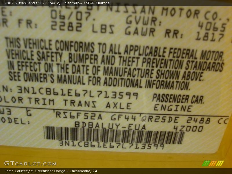 Solar Yellow / SE-R Charcoal 2007 Nissan Sentra SE-R Spec V