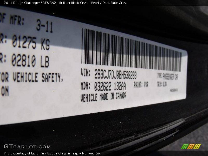 2011 Challenger SRT8 392 Brilliant Black Crystal Pearl Color Code PXR