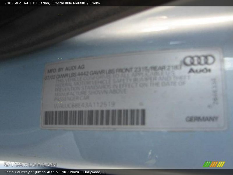 Crystal Blue Metallic / Ebony 2003 Audi A4 1.8T Sedan
