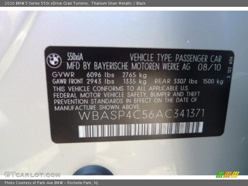 Titanium Silver Metallic / Black 2010 BMW 5 Series 550i xDrive Gran Turismo