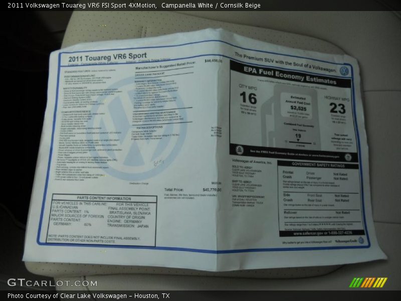  2011 Touareg VR6 FSI Sport 4XMotion Window Sticker