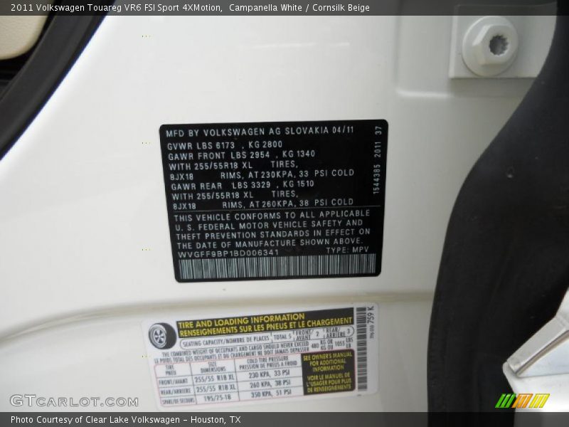 Info Tag of 2011 Touareg VR6 FSI Sport 4XMotion