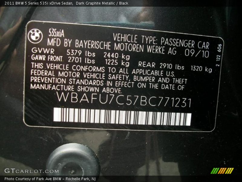 Info Tag of 2011 5 Series 535i xDrive Sedan