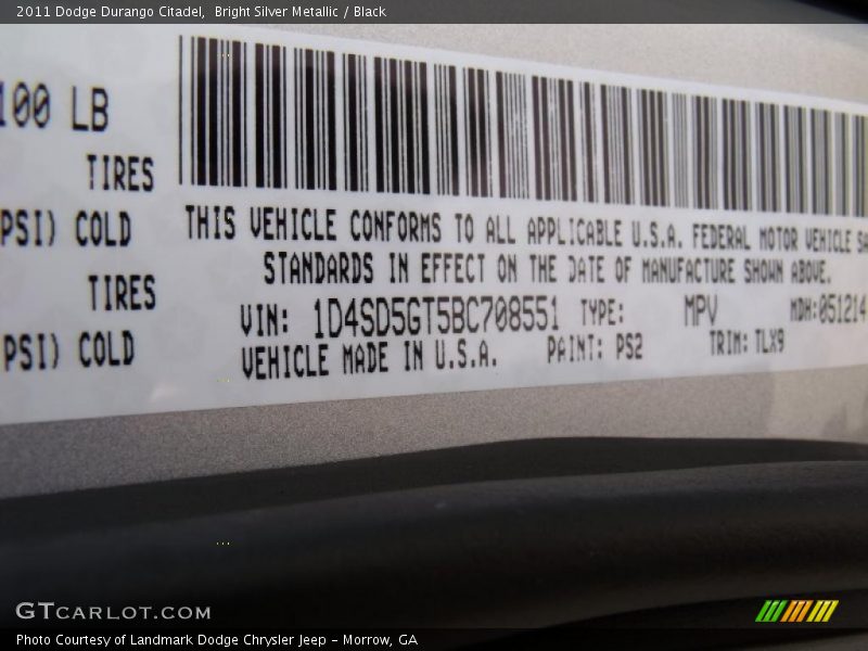 2011 Durango Citadel Bright Silver Metallic Color Code PS2