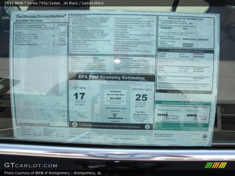  2012 7 Series 740Li Sedan Window Sticker