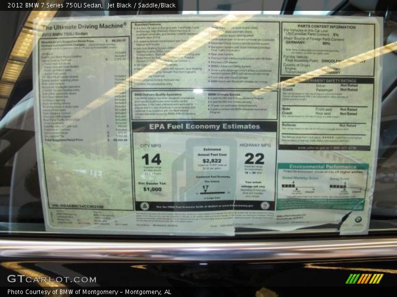  2012 7 Series 750Li Sedan Window Sticker