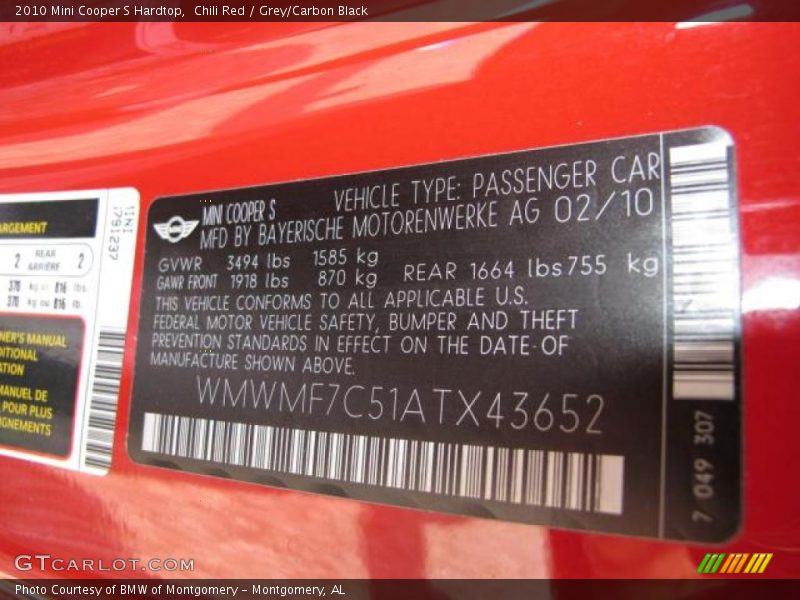 Info Tag of 2010 Cooper S Hardtop