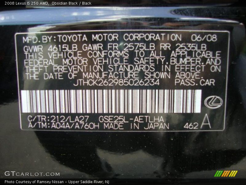 Obsidian Black / Black 2008 Lexus IS 250 AWD