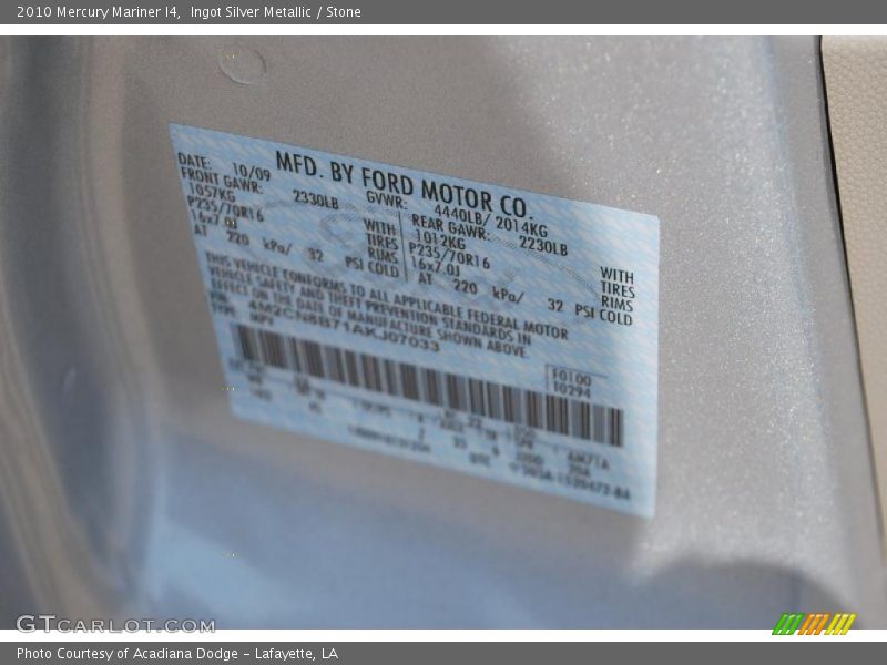 Ingot Silver Metallic / Stone 2010 Mercury Mariner I4