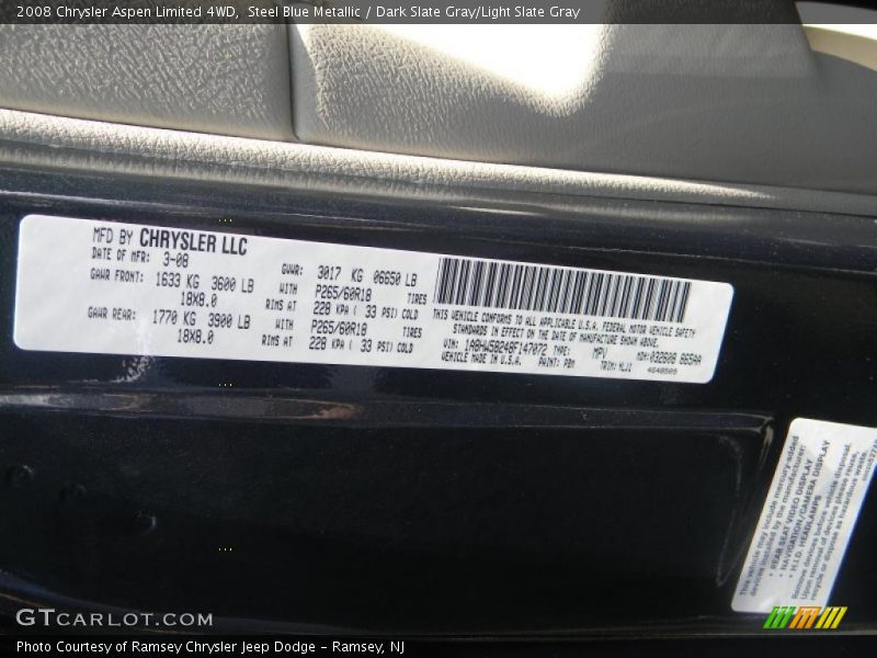 Steel Blue Metallic / Dark Slate Gray/Light Slate Gray 2008 Chrysler Aspen Limited 4WD