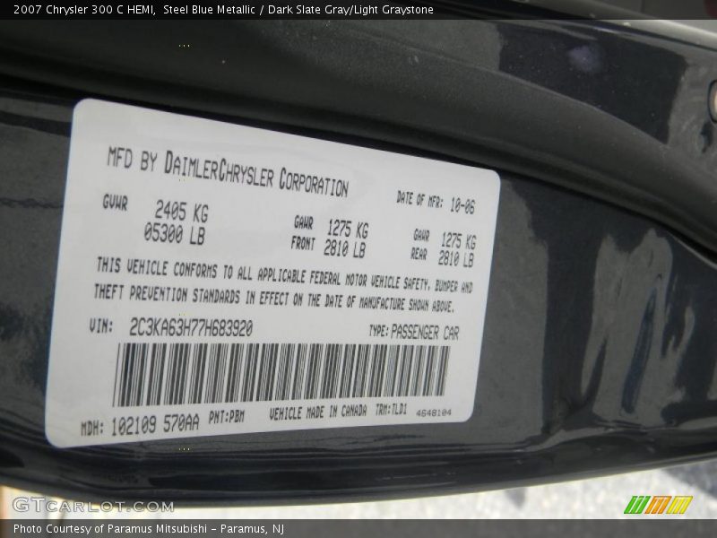 Steel Blue Metallic / Dark Slate Gray/Light Graystone 2007 Chrysler 300 C HEMI