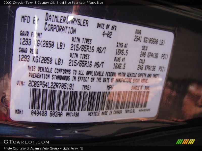 2002 Town & Country LXi Steel Blue Pearlcoat Color Code PBQ