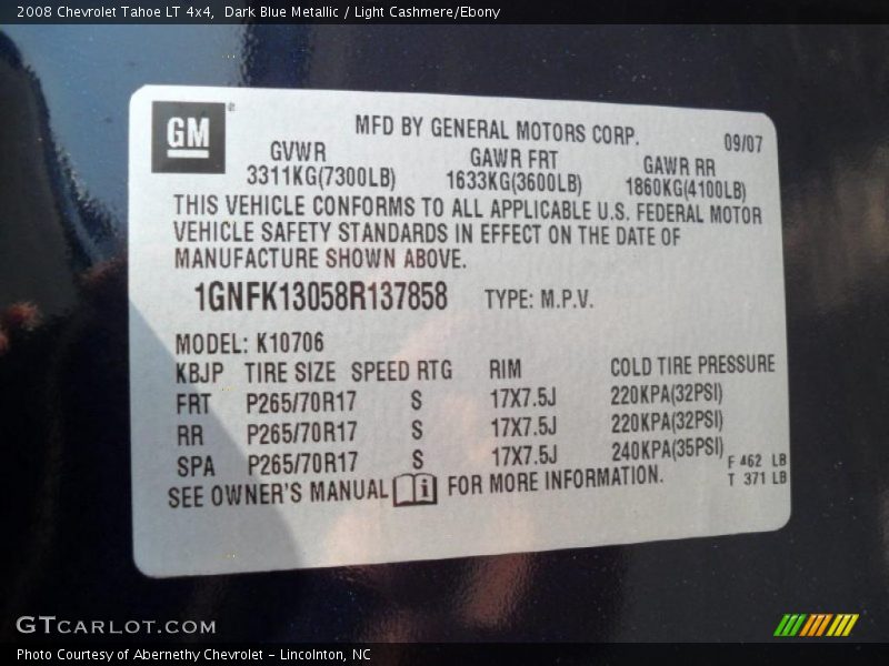 Dark Blue Metallic / Light Cashmere/Ebony 2008 Chevrolet Tahoe LT 4x4