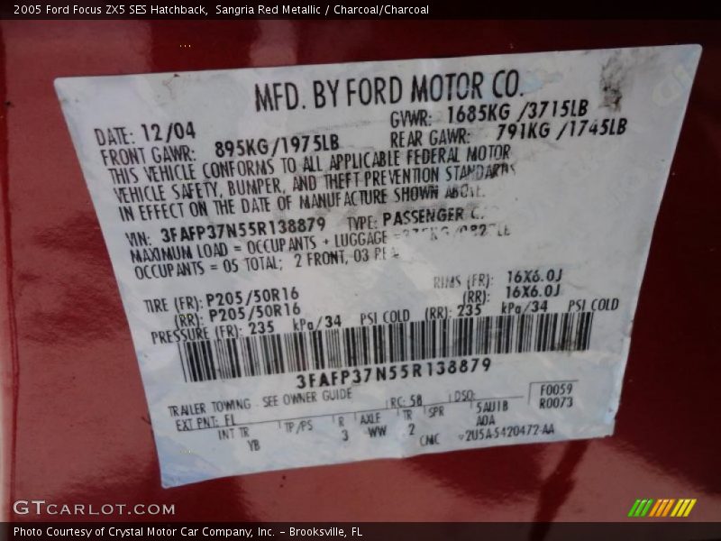 2005 Focus ZX5 SES Hatchback Sangria Red Metallic Color Code FL