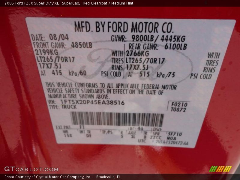 2005 F250 Super Duty XLT SuperCab Red Clearcoat Color Code F1
