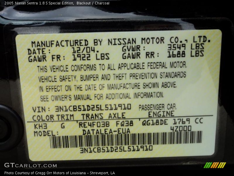 Blackout / Charcoal 2005 Nissan Sentra 1.8 S Special Edition