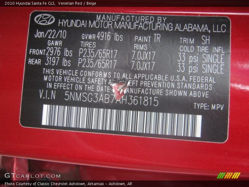 Venetian Red / Beige 2010 Hyundai Santa Fe GLS