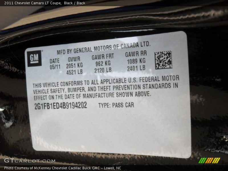 Black / Black 2011 Chevrolet Camaro LT Coupe