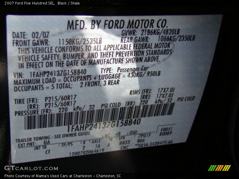 Black / Shale 2007 Ford Five Hundred SEL