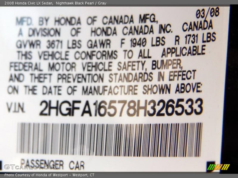 Nighthawk Black Pearl / Gray 2008 Honda Civic LX Sedan
