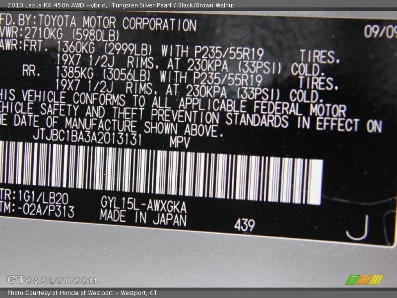 2010 RX 450h AWD Hybrid Tungsten Silver Pearl Color Code 1G1