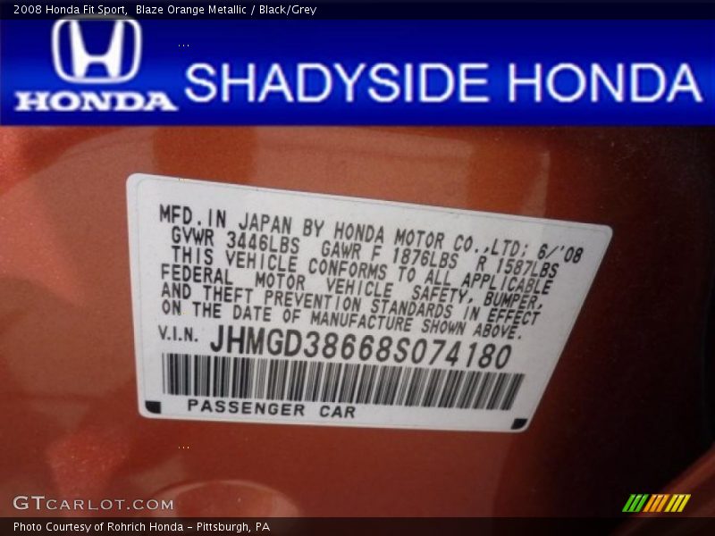 Blaze Orange Metallic / Black/Grey 2008 Honda Fit Sport
