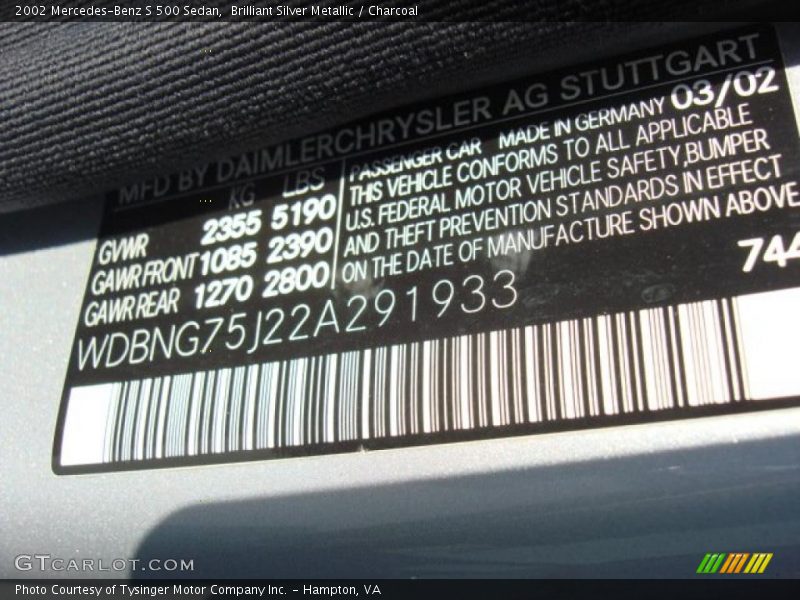 Brilliant Silver Metallic / Charcoal 2002 Mercedes-Benz S 500 Sedan