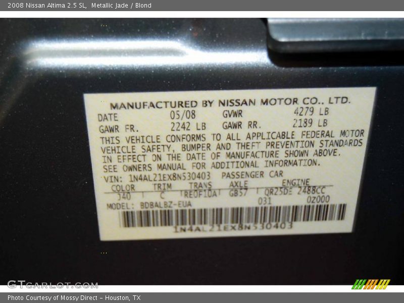 Metallic Jade / Blond 2008 Nissan Altima 2.5 SL