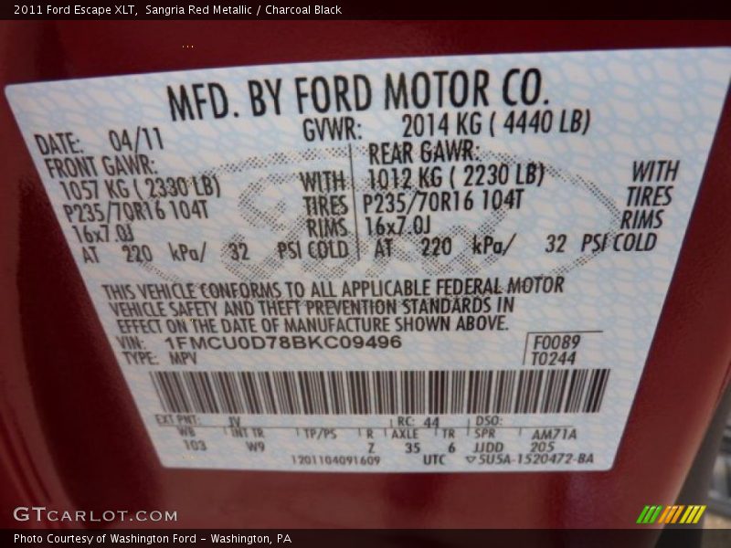 Sangria Red Metallic / Charcoal Black 2011 Ford Escape XLT