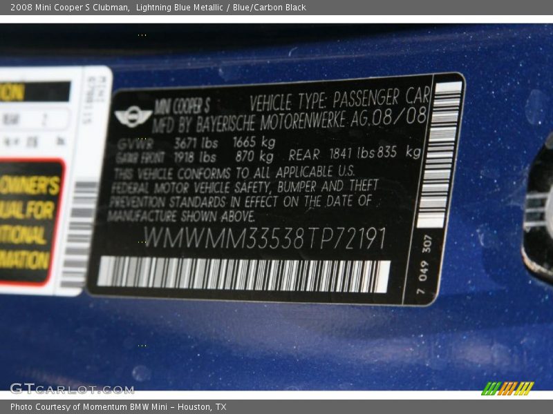 Lightning Blue Metallic / Blue/Carbon Black 2008 Mini Cooper S Clubman