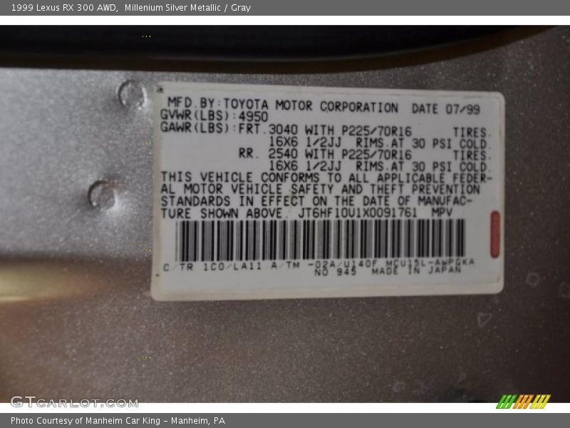 Millenium Silver Metallic / Gray 1999 Lexus RX 300 AWD