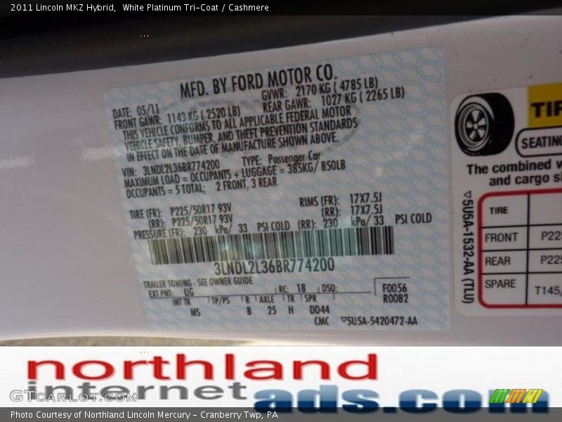 White Platinum Tri-Coat / Cashmere 2011 Lincoln MKZ Hybrid