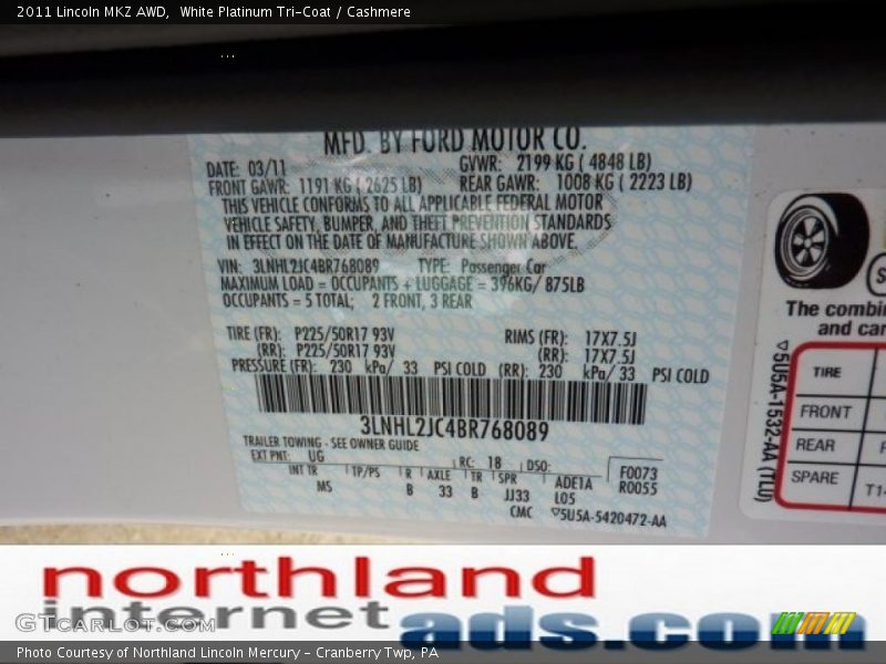 White Platinum Tri-Coat / Cashmere 2011 Lincoln MKZ AWD
