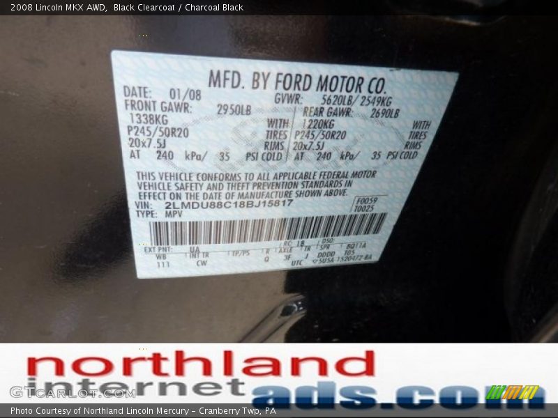 Black Clearcoat / Charcoal Black 2008 Lincoln MKX AWD