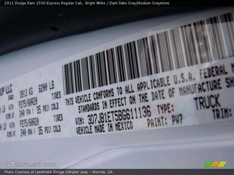 Bright White / Dark Slate Gray/Medium Graystone 2011 Dodge Ram 1500 Express Regular Cab