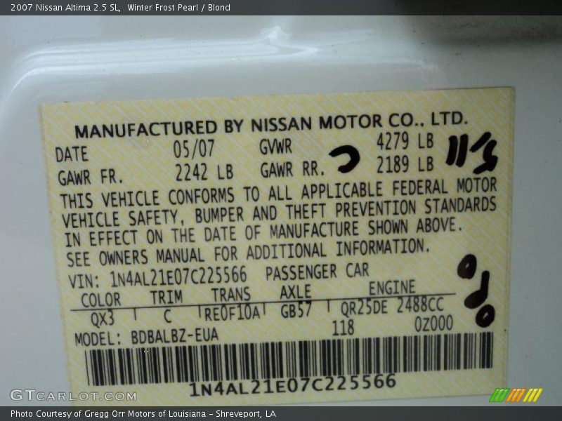 Winter Frost Pearl / Blond 2007 Nissan Altima 2.5 SL