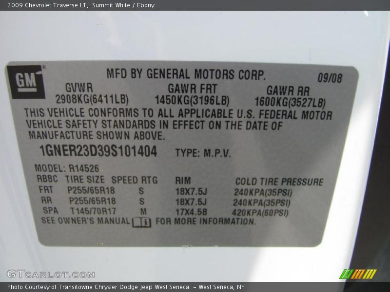 Summit White / Ebony 2009 Chevrolet Traverse LT