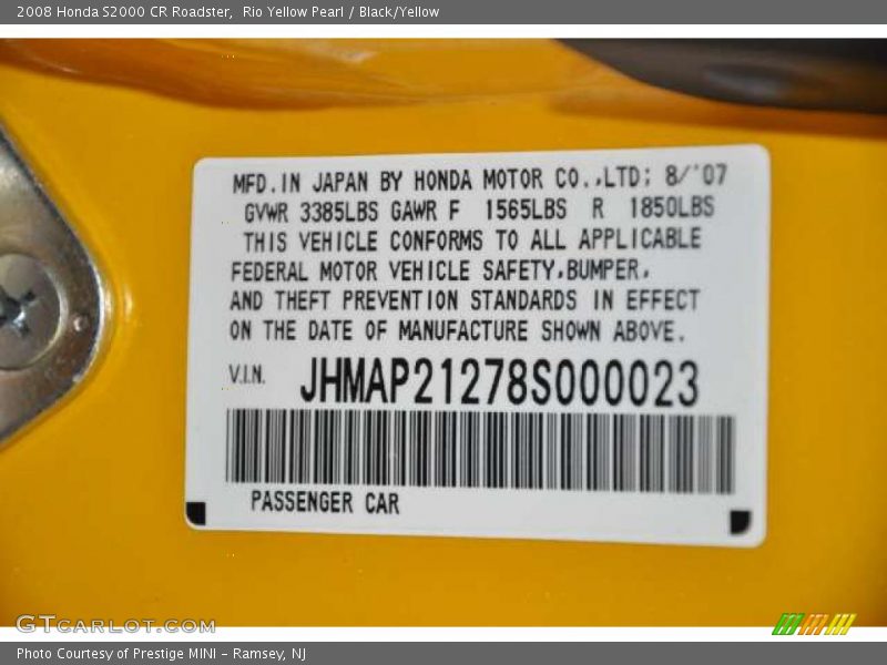 Info Tag of 2008 S2000 CR Roadster