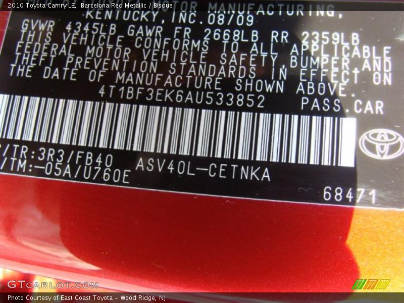 Barcelona Red Metallic / Bisque 2010 Toyota Camry LE