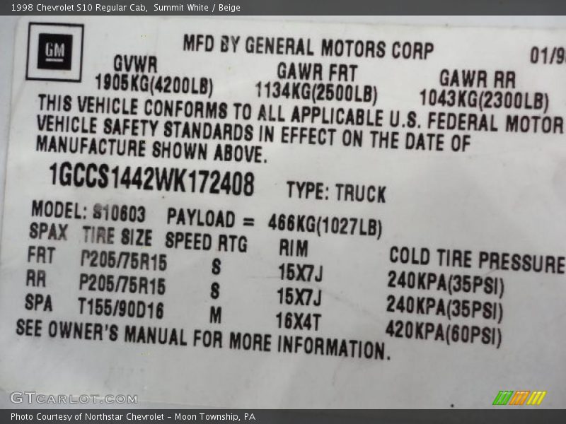 Summit White / Beige 1998 Chevrolet S10 Regular Cab