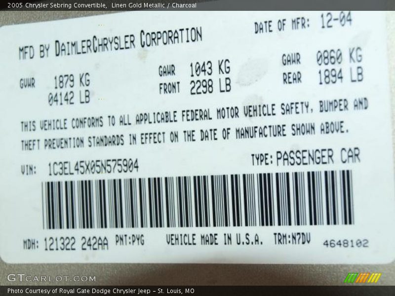 Linen Gold Metallic / Charcoal 2005 Chrysler Sebring Convertible