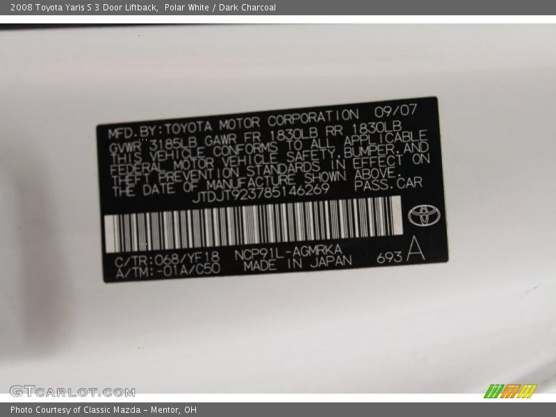 Polar White / Dark Charcoal 2008 Toyota Yaris S 3 Door Liftback