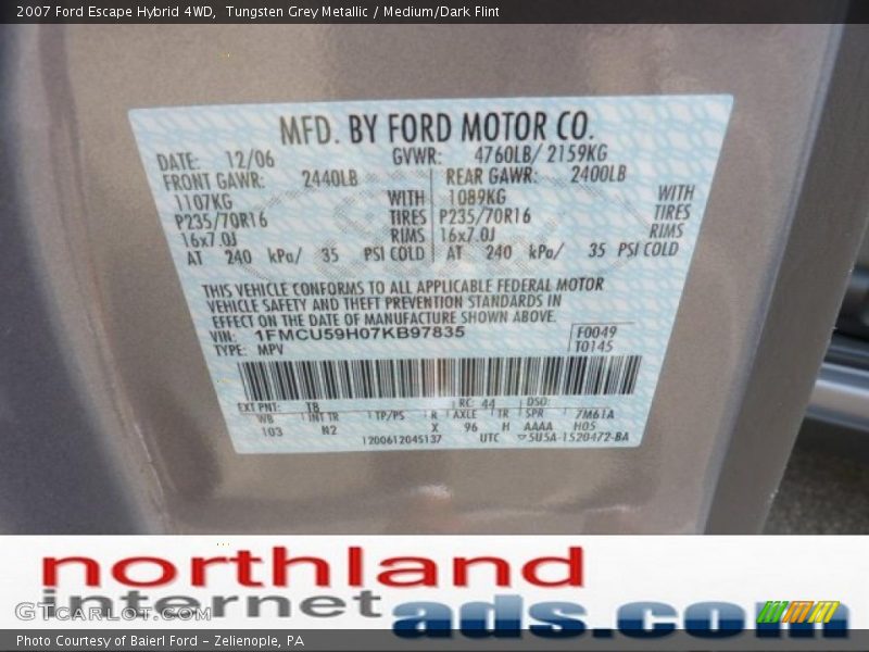 Tungsten Grey Metallic / Medium/Dark Flint 2007 Ford Escape Hybrid 4WD