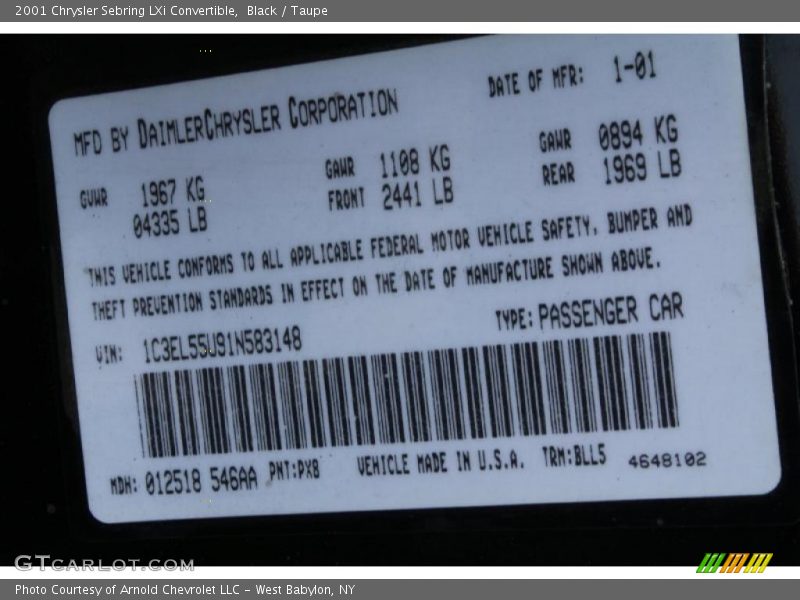 Black / Taupe 2001 Chrysler Sebring LXi Convertible