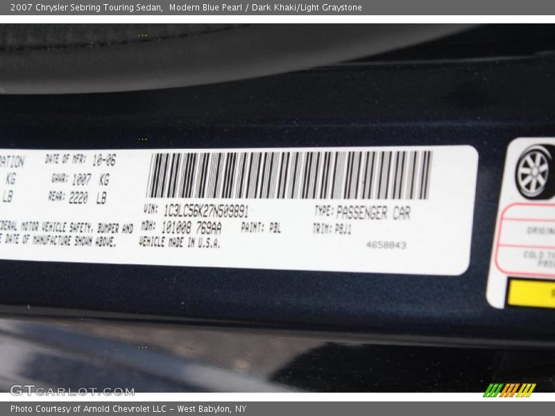 Modern Blue Pearl / Dark Khaki/Light Graystone 2007 Chrysler Sebring Touring Sedan