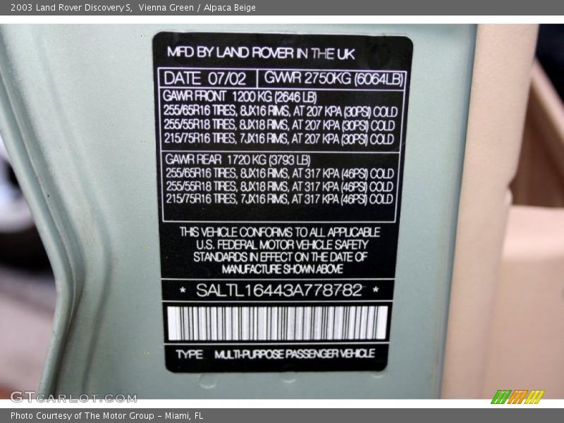 Info Tag of 2003 Discovery S