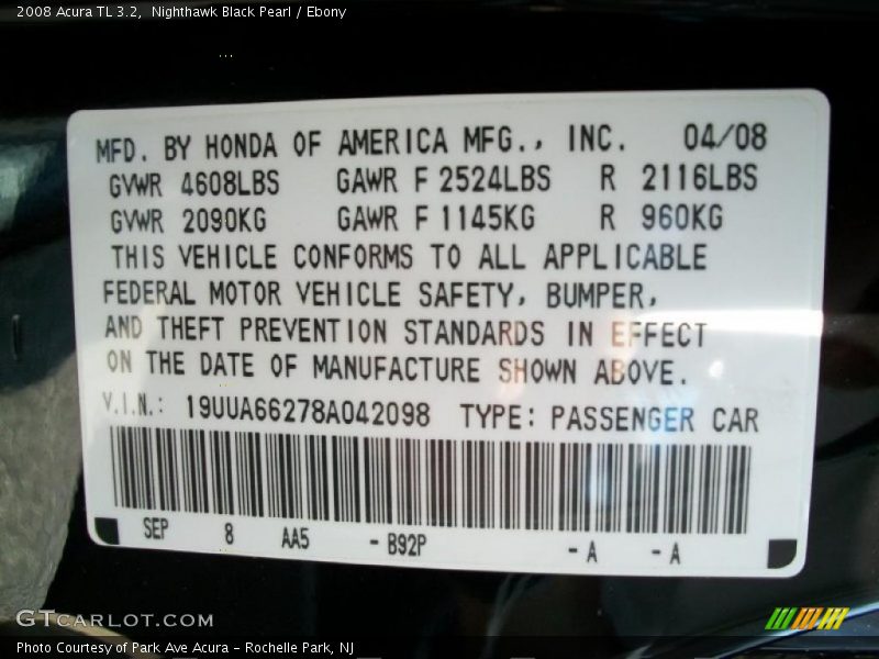 Nighthawk Black Pearl / Ebony 2008 Acura TL 3.2