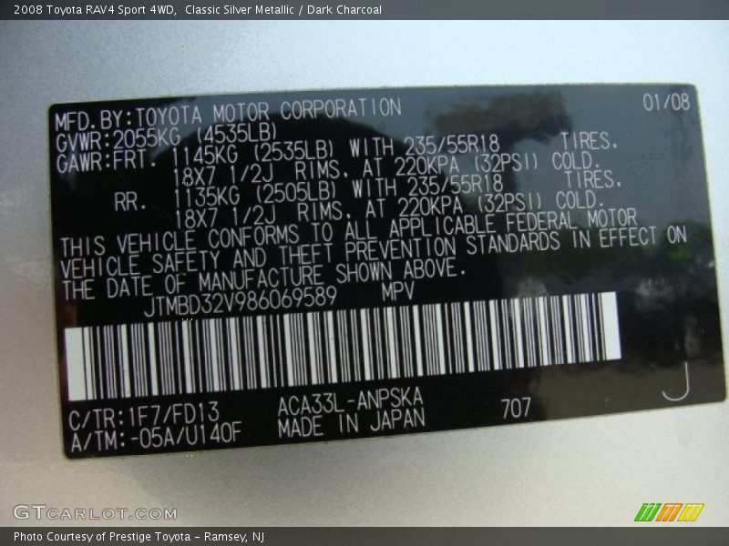 Classic Silver Metallic / Dark Charcoal 2008 Toyota RAV4 Sport 4WD