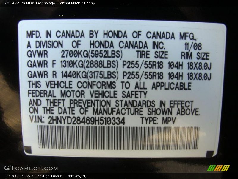 Formal Black / Ebony 2009 Acura MDX Technology