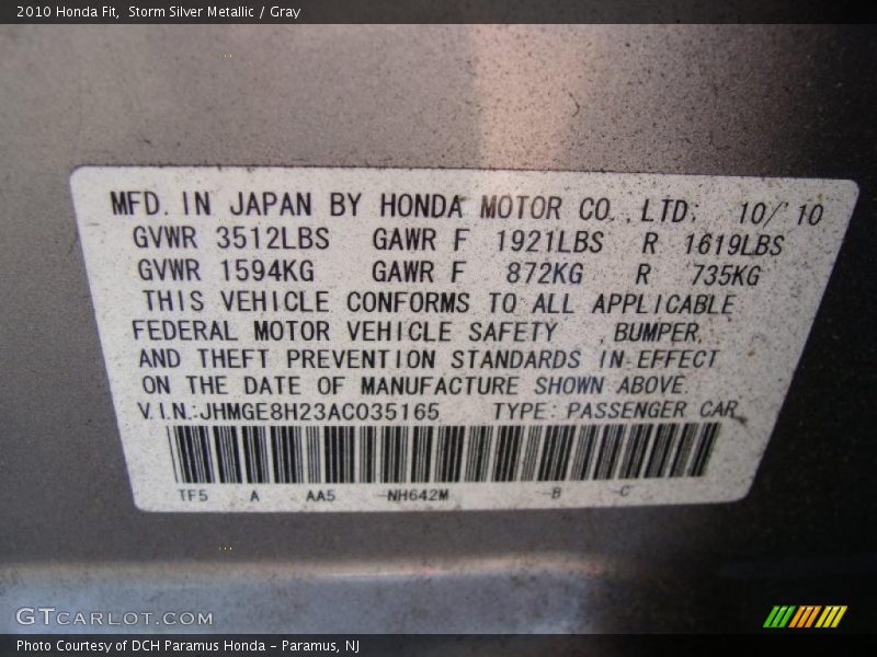 Storm Silver Metallic / Gray 2010 Honda Fit